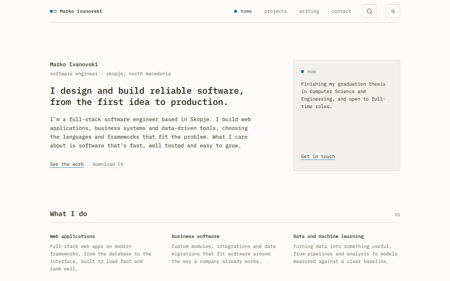 The home page of markoivanovski.com on a desktop screen, in the light theme