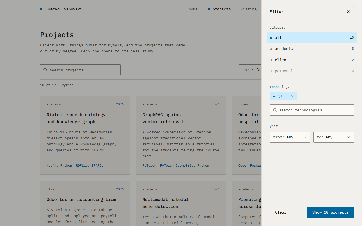 Screenshot of the projects page with the filter drawer open, from Personal portfolio and blog.