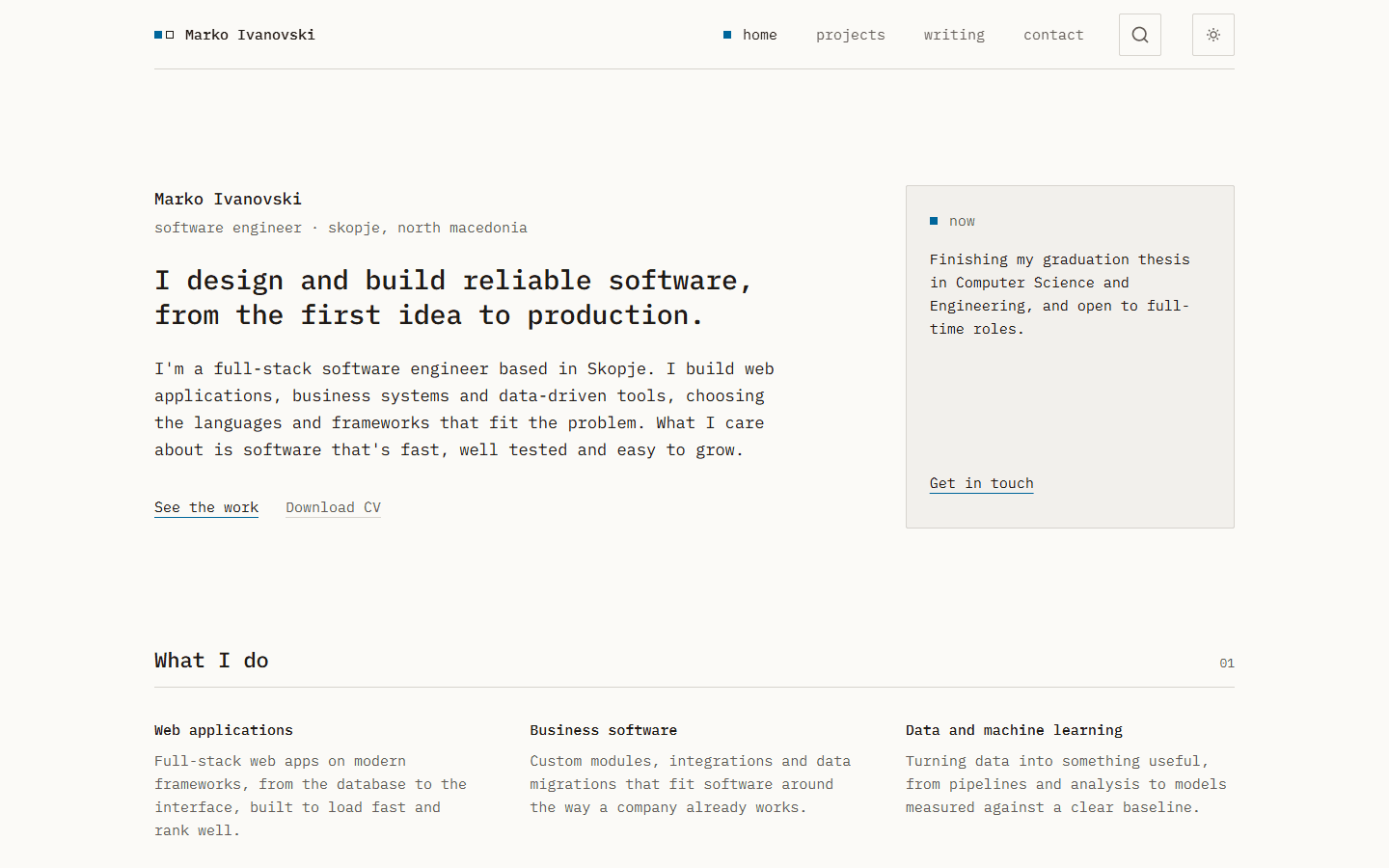 Screenshot of the home page on desktop, from Personal portfolio and blog.