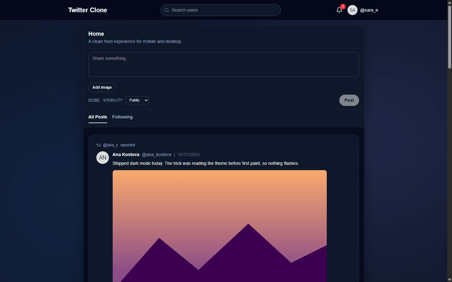 Screenshot of the feed in dark mode, from Twitter clone.