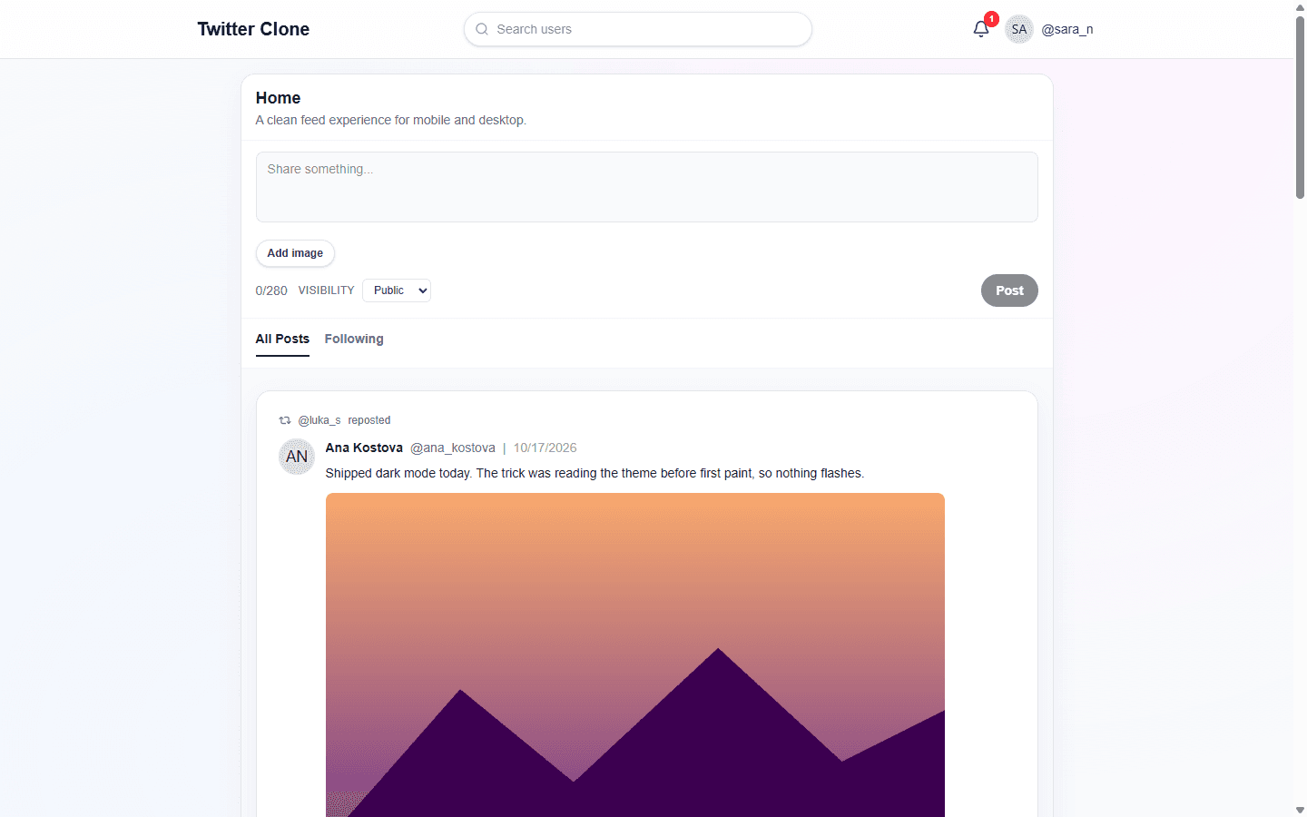 Screenshot of the home feed with a reposted image post, from Twitter clone.