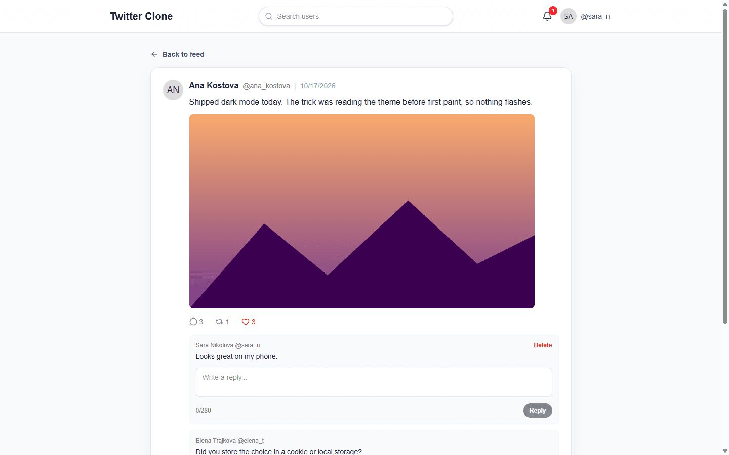Screenshot of a single post page with its likes, repost and comments, from Twitter clone.
