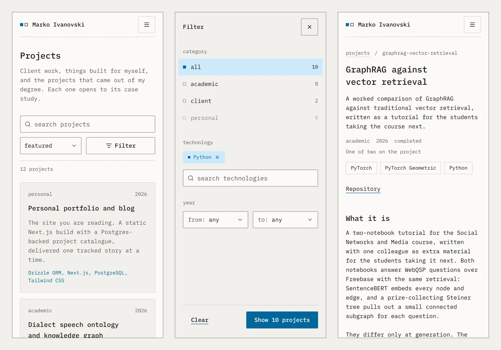 Three phone screenshots: the project list, the full-screen filter panel with Python chosen, and a case study